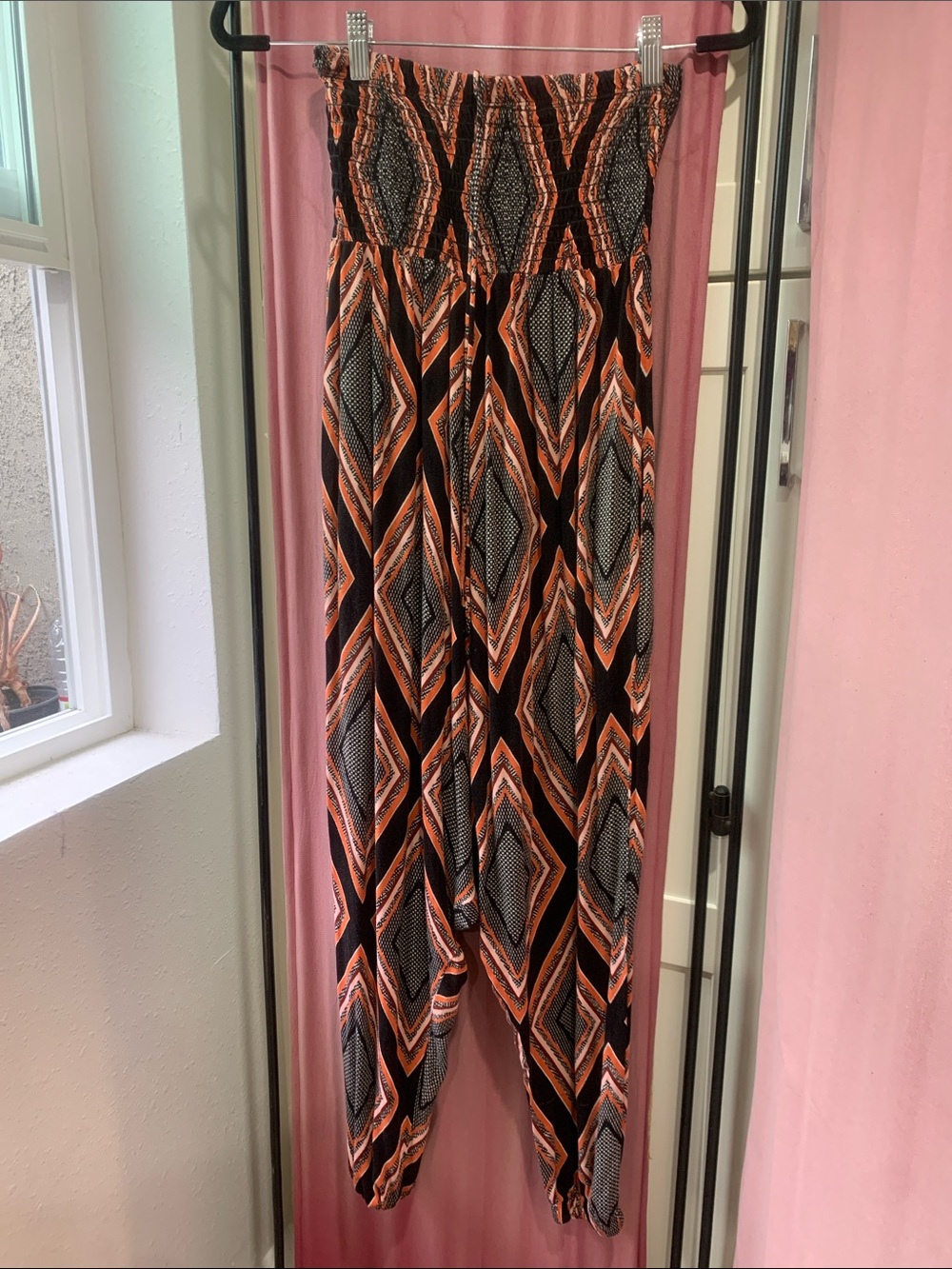 Lilka Orange & Black Geometric Smocked-Waist Harem Pants